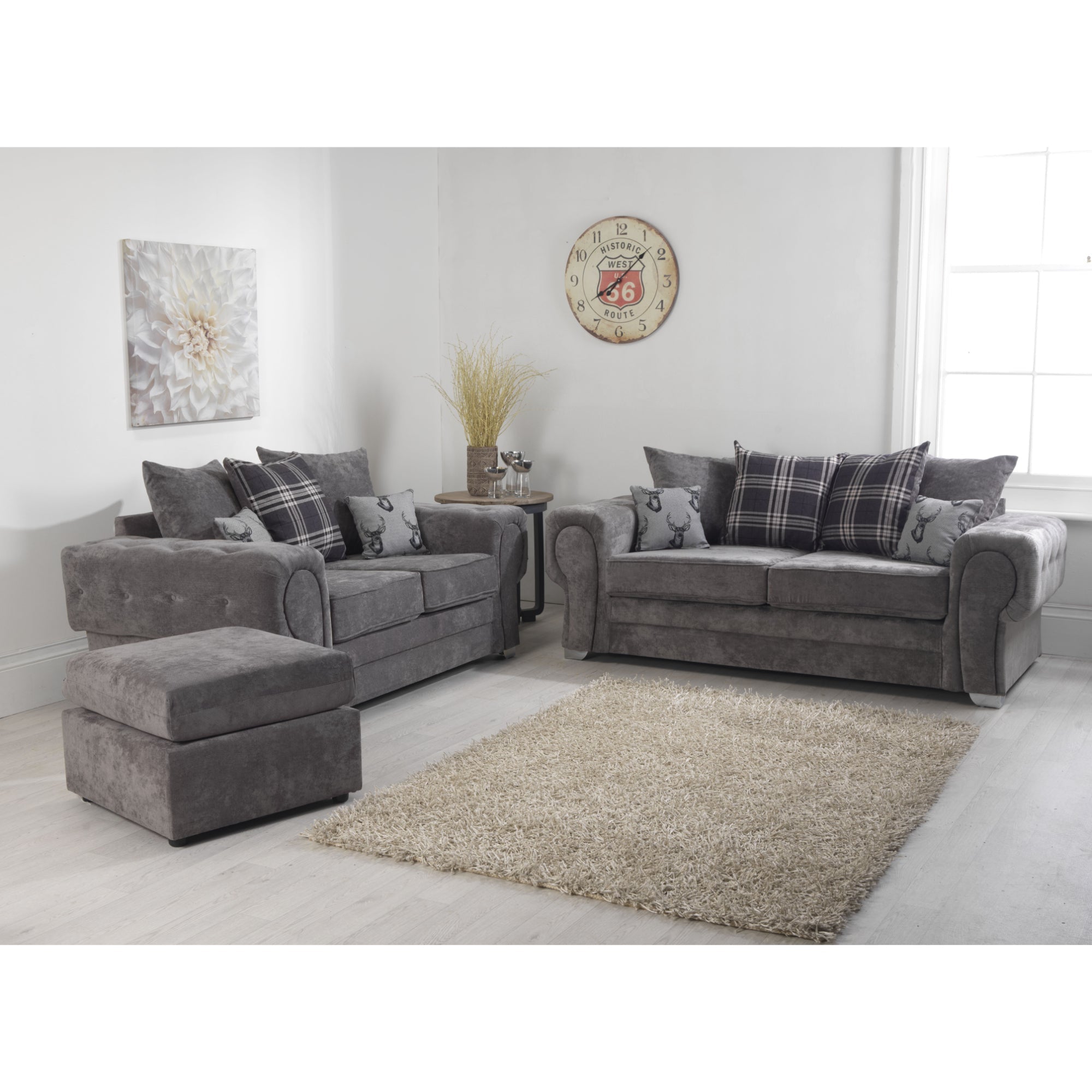 Verrina Chenille Grey Sofa 3+2 Seater and Footstool