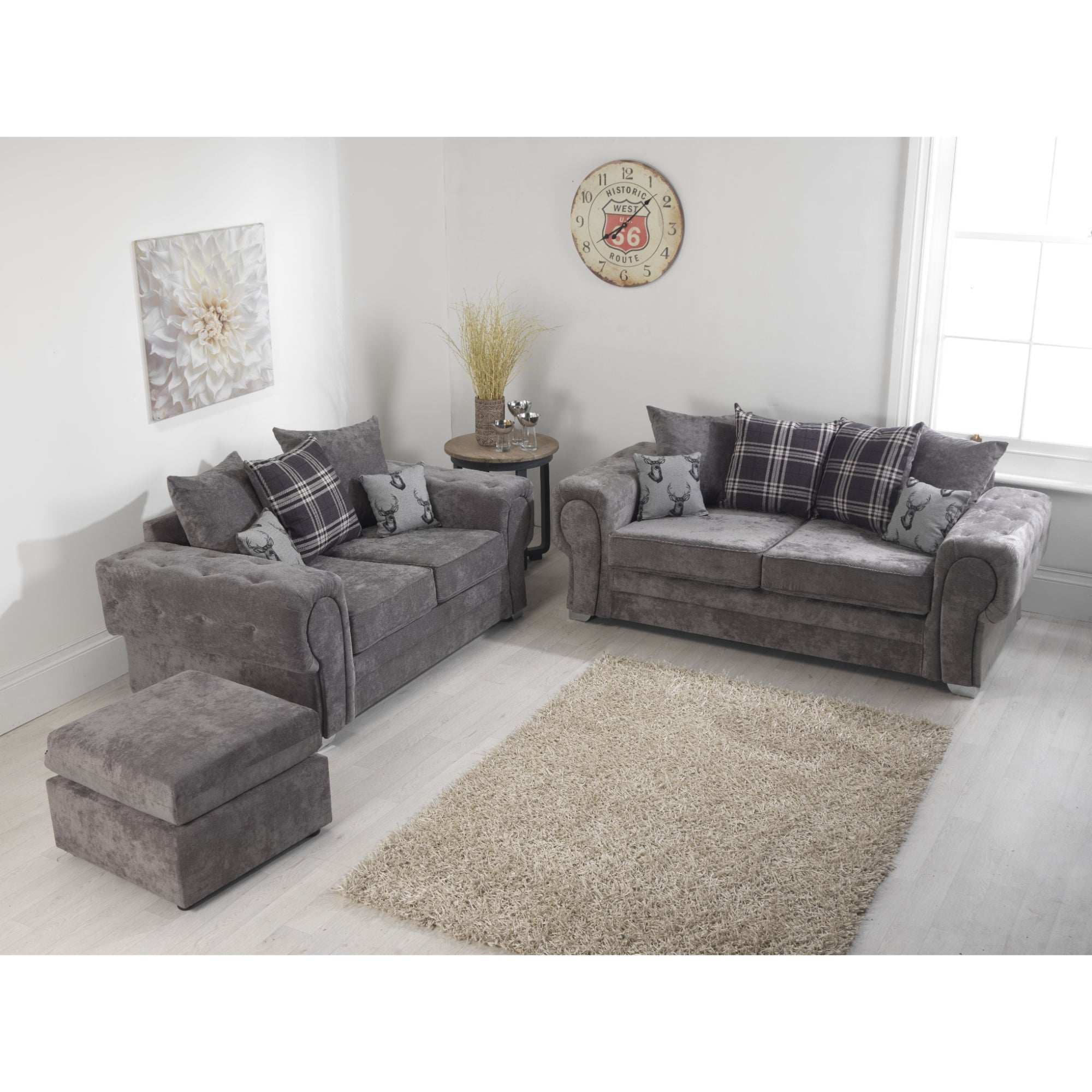 Verrina Chenille Grey Sofa 3+2 Seater and Footstool