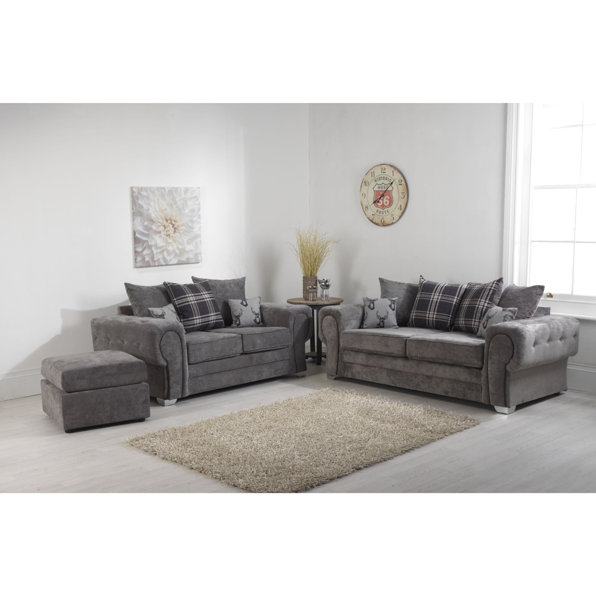 Verrina Chenille Grey Sofa 3+2 Seater and Footstool