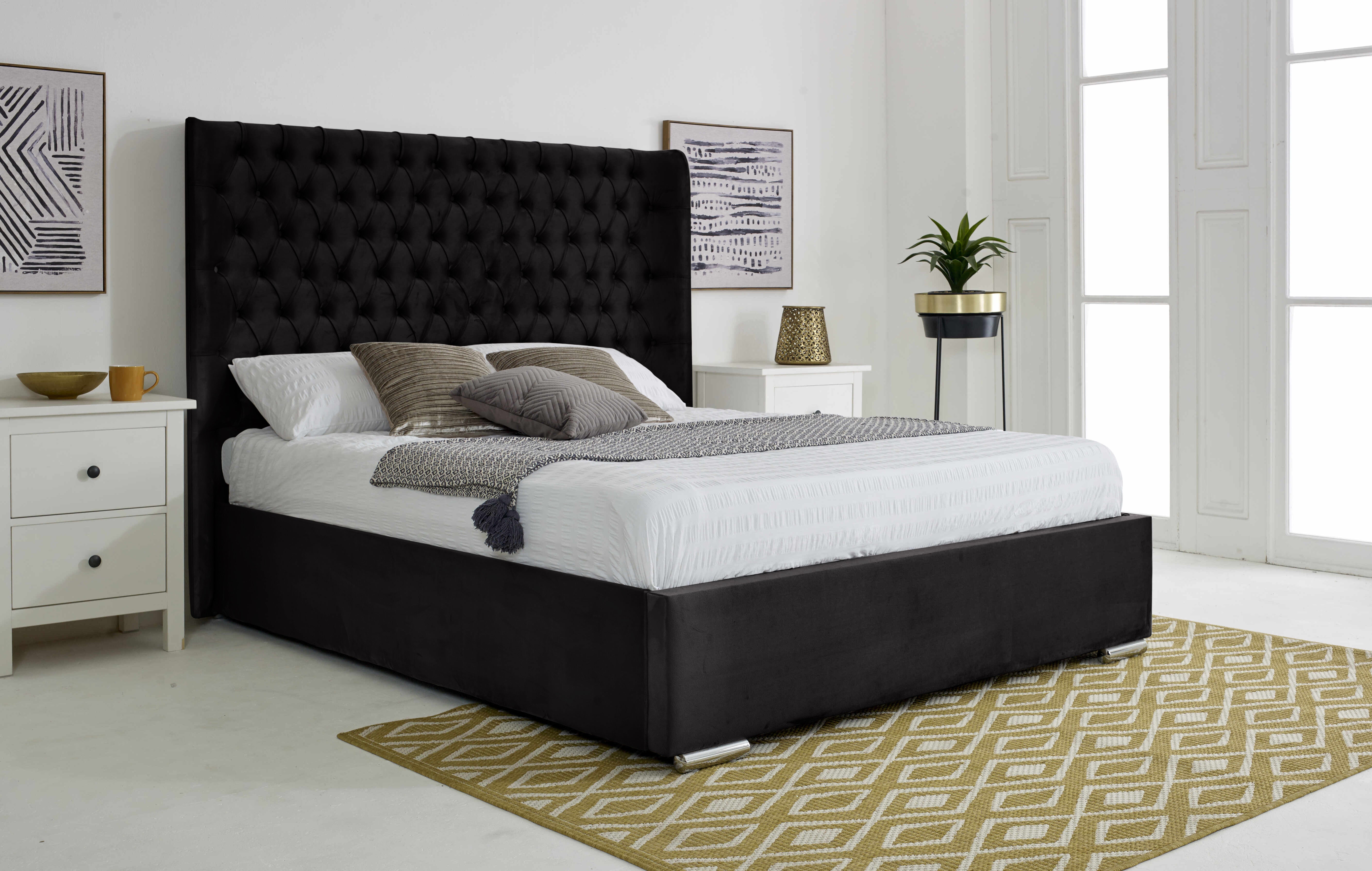 Woodlake Plush Velvet Matching Buttons Bed Frame