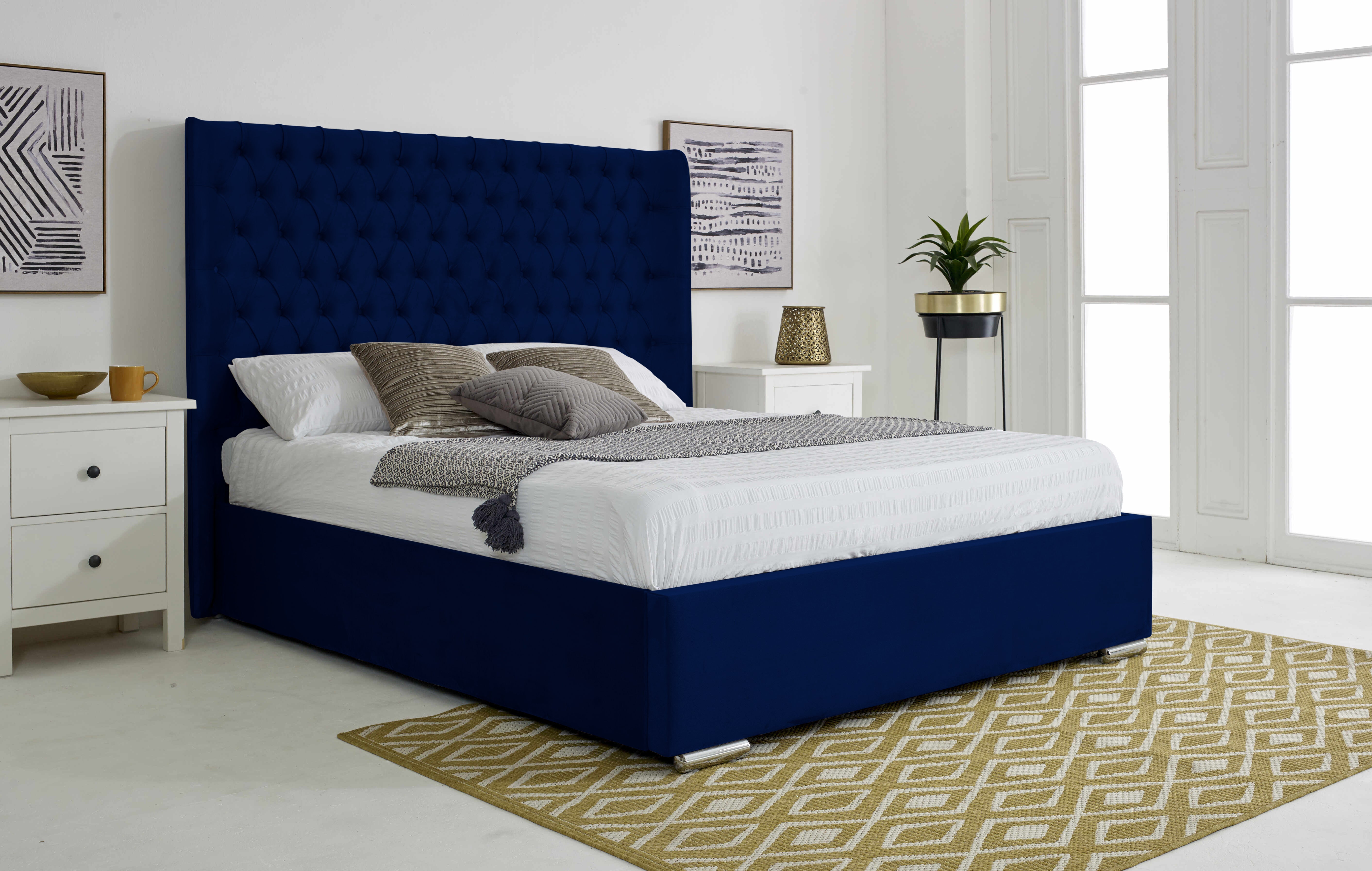 Woodlake Plush Velvet Matching Buttons Bed Frame