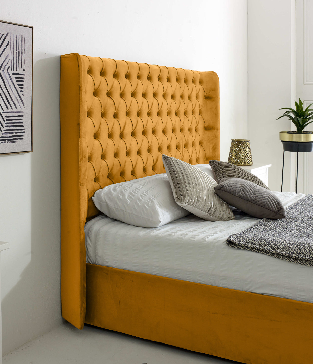 Woodlake Plush Velvet Matching Buttons Bed Frame