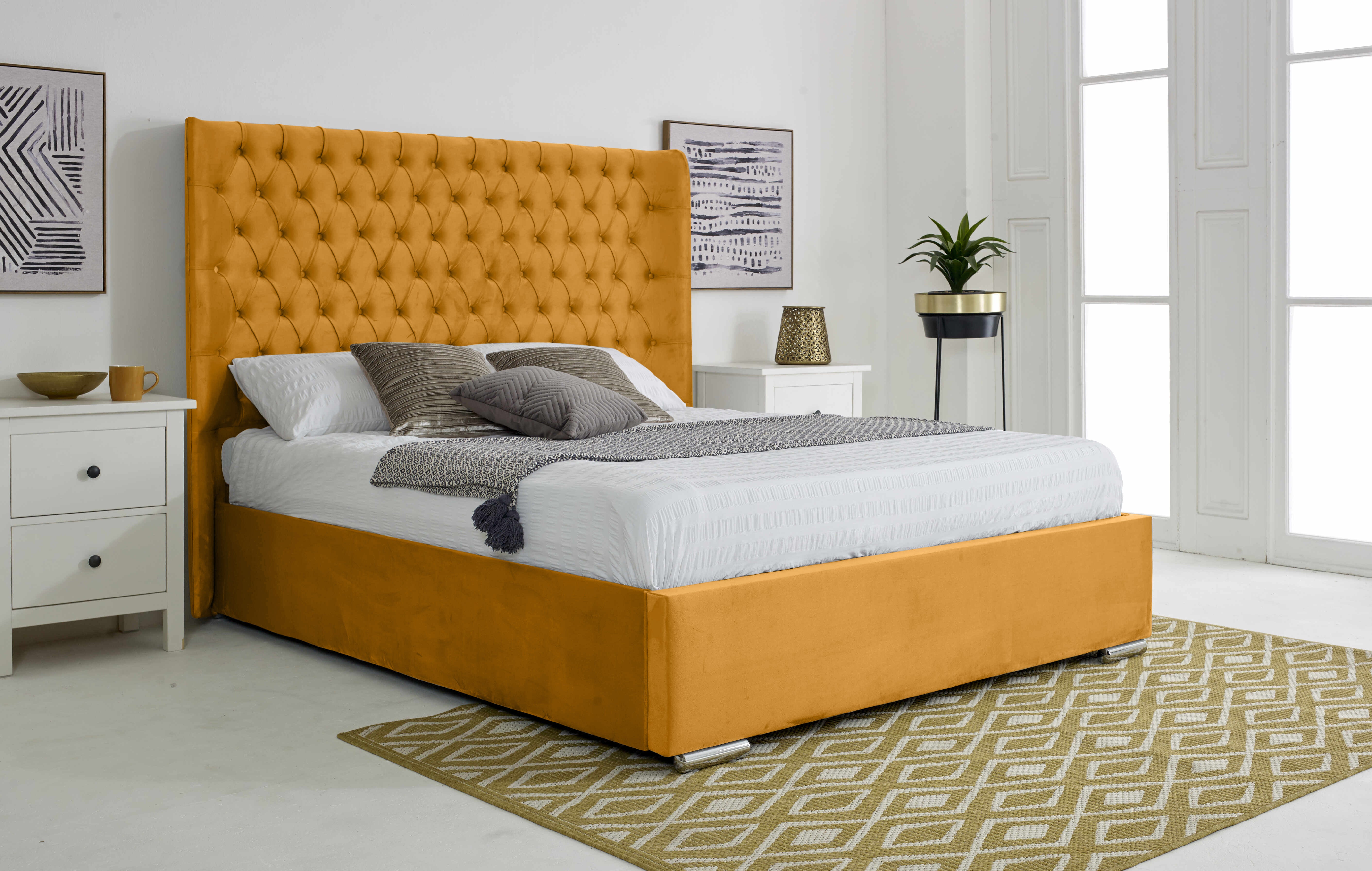 Woodlake Plush Velvet Matching Buttons Bed Frame