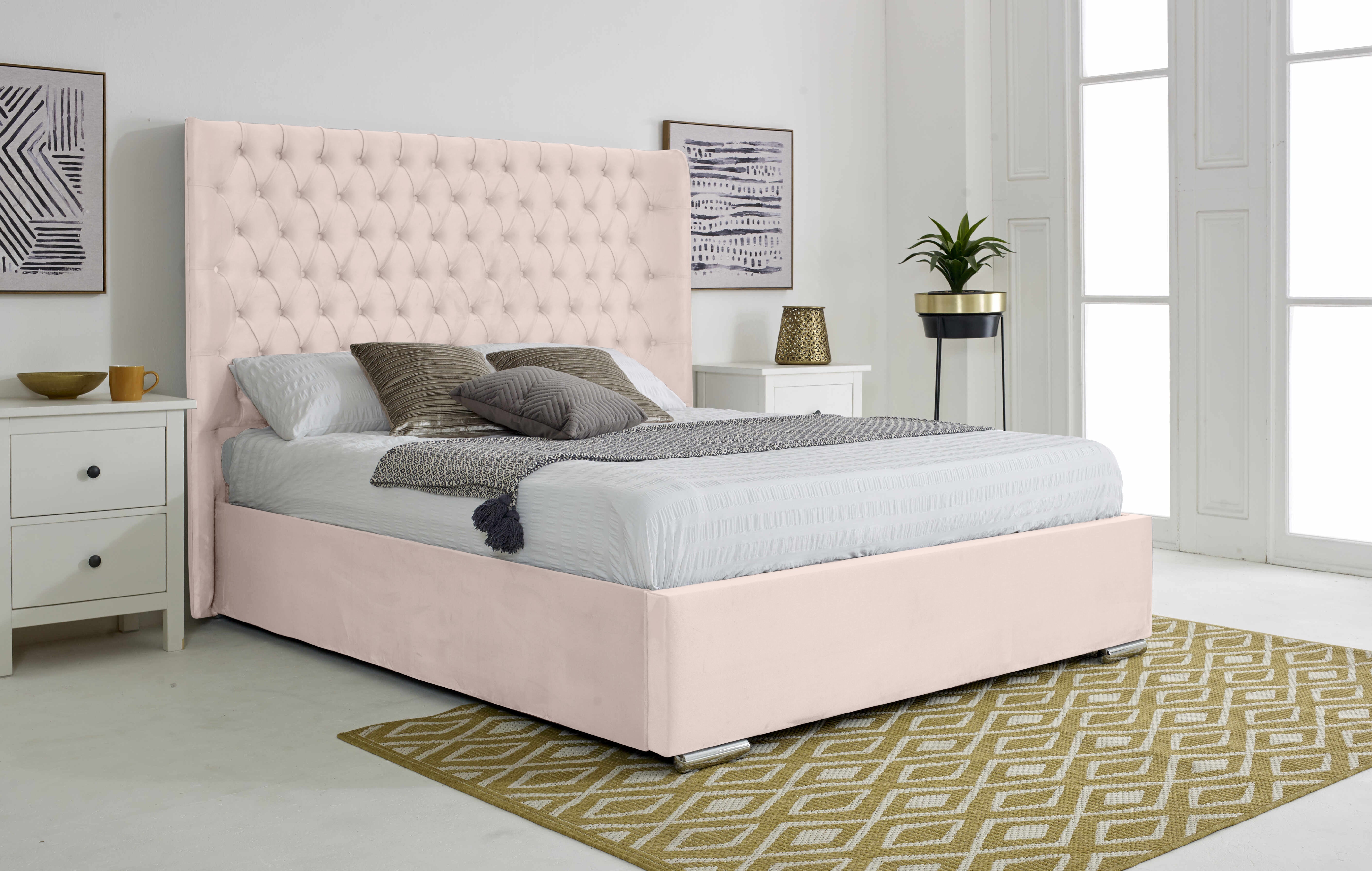 Woodlake Plush Velvet Matching Buttons Bed Frame
