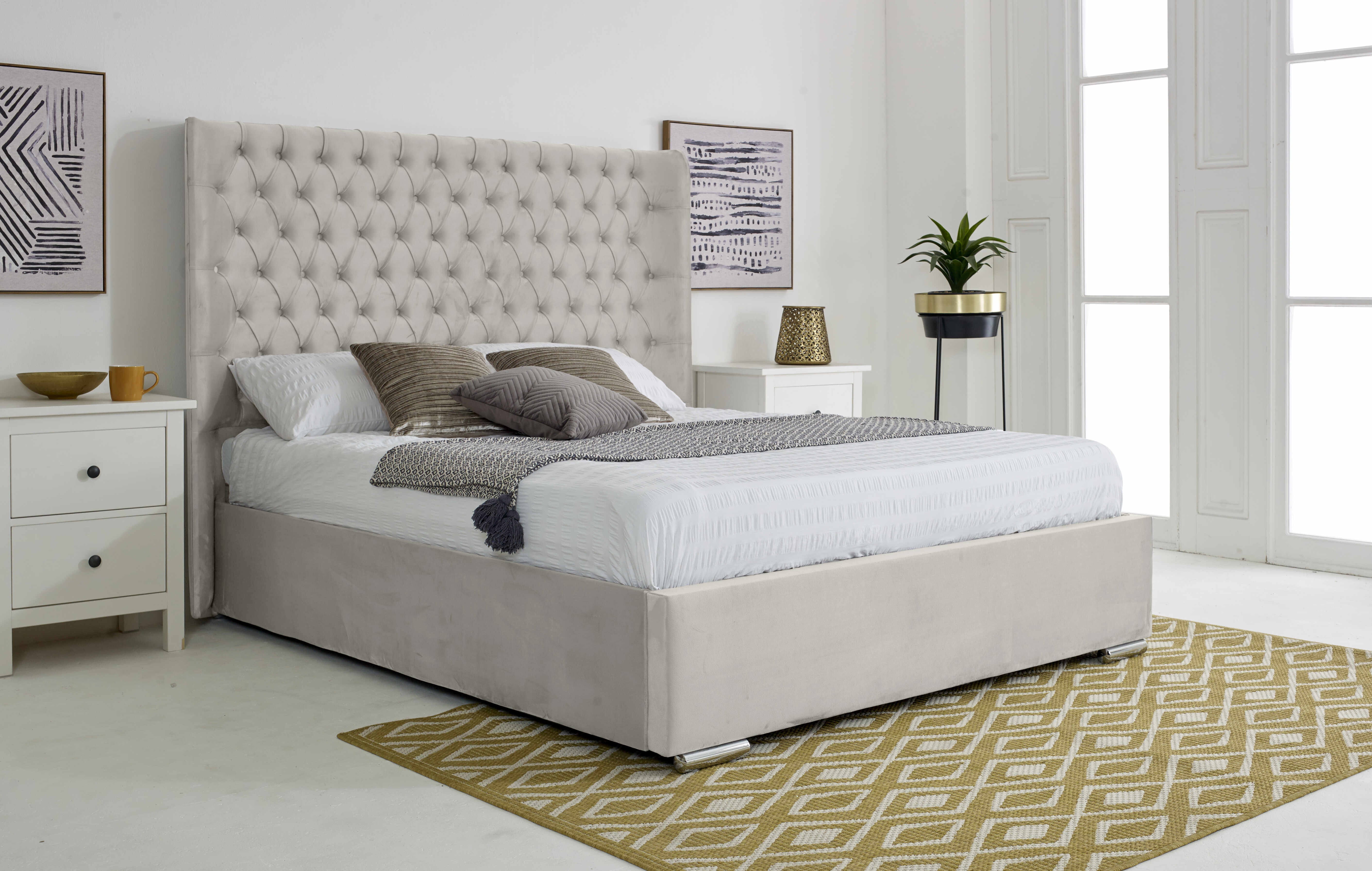 Woodlake Plush Velvet Matching Buttons Bed Frame