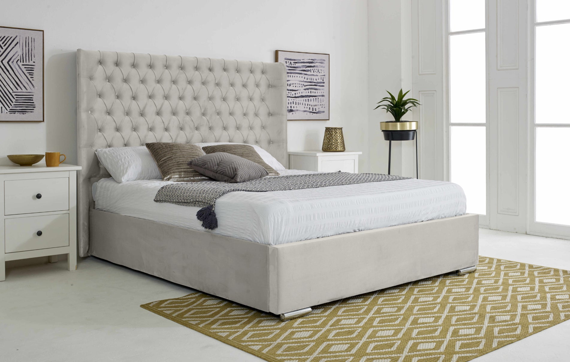 Woodlake Plush Velvet Matching Buttons Bed Frame