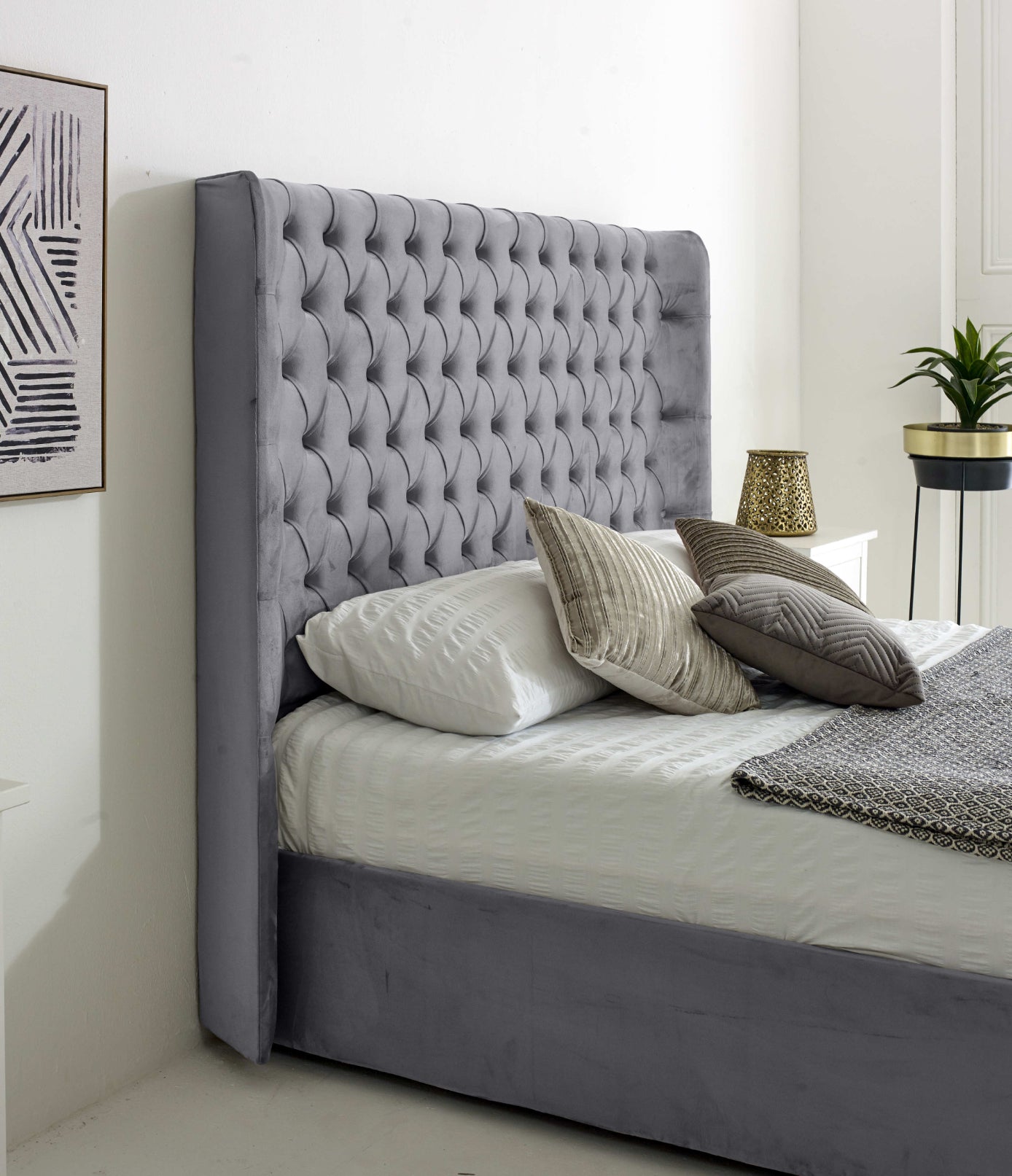 Woodlake Plush Velvet Matching Buttons Bed Frame