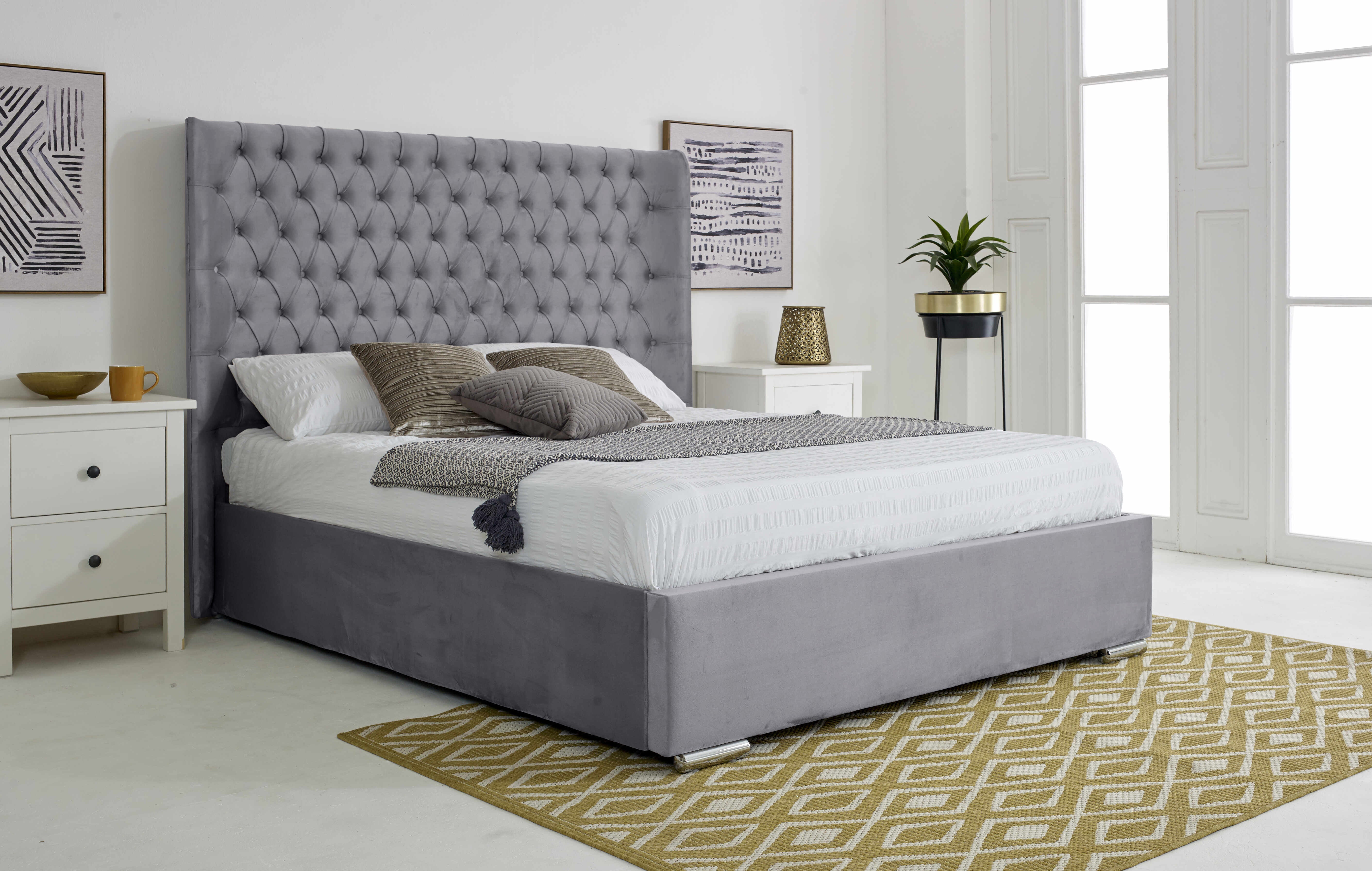 Woodlake Plush Velvet Matching Buttons Bed Frame