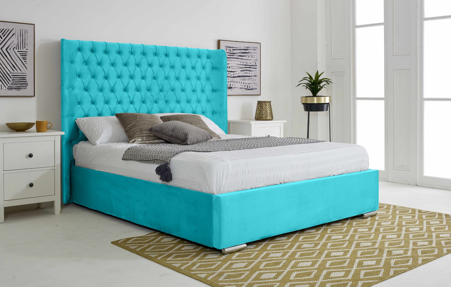 Woodlake Plush Velvet Matching Buttons Bed Frame