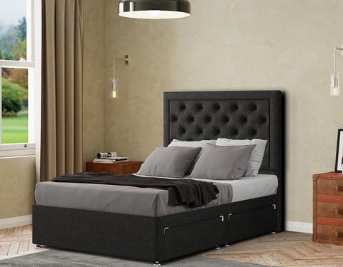 Castle Divan Bed 2 Drawers Floor Standing Headboard Matching Buttons Linen