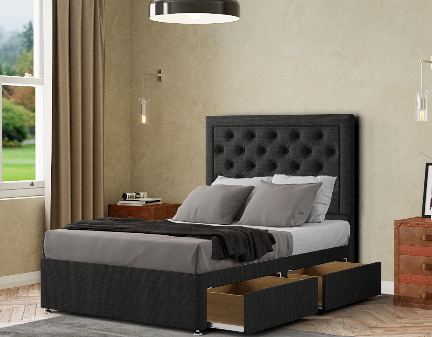 Castle Divan Bed 2 Drawers Floor Standing Headboard Matching Buttons Linen