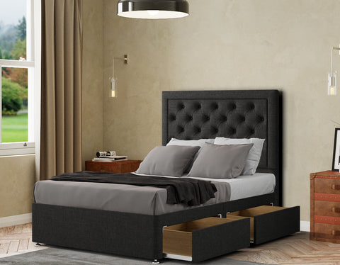 Castle Divan Bed 2 Drawers Floor Standing Headboard Matching Buttons Linen