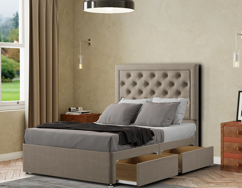 Castle Divan Bed 2 Drawers Floor Standing Headboard Matching Buttons Linen