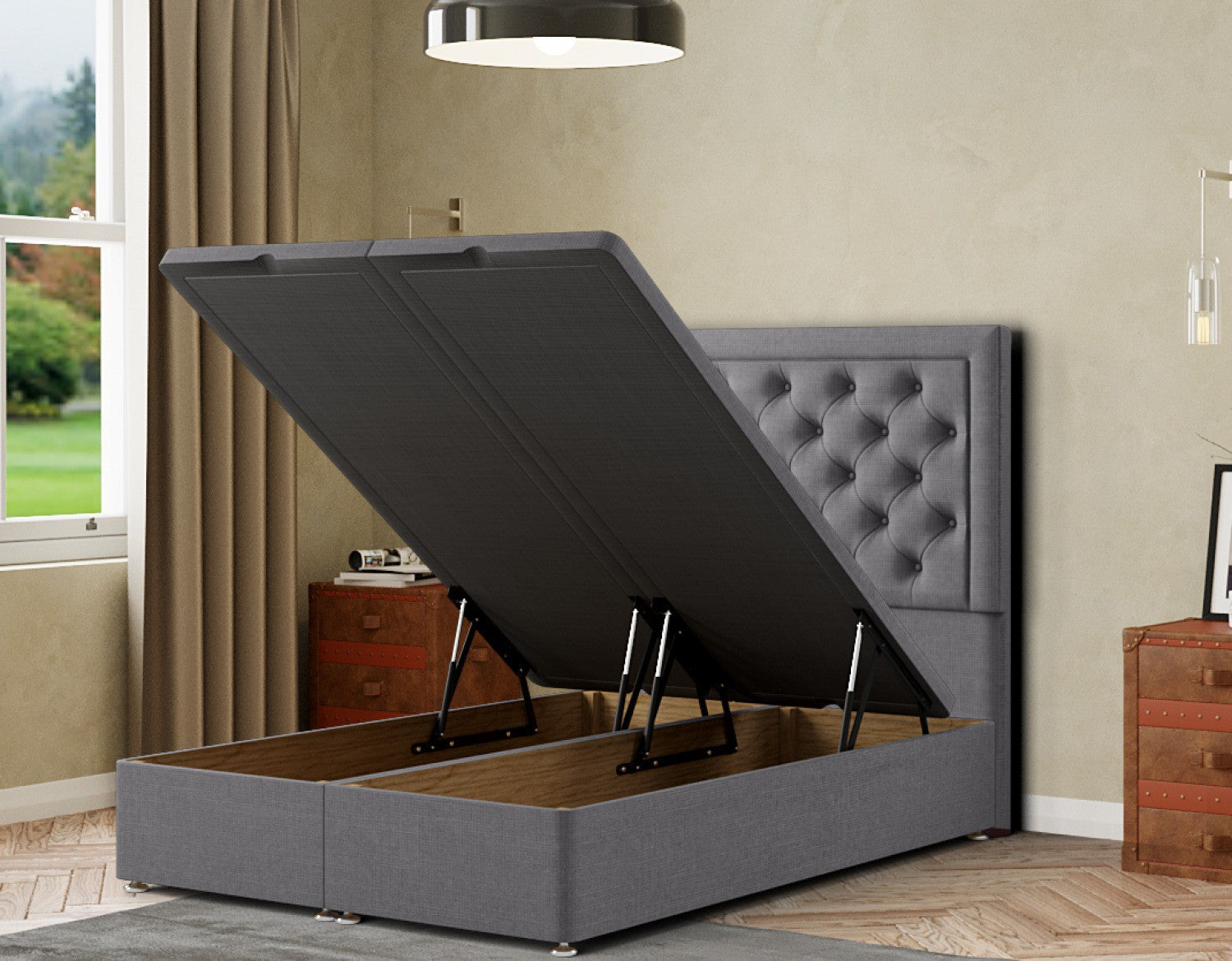 Castle Ottoman Bed Floor Standing Headboard Matching Buttons Linen