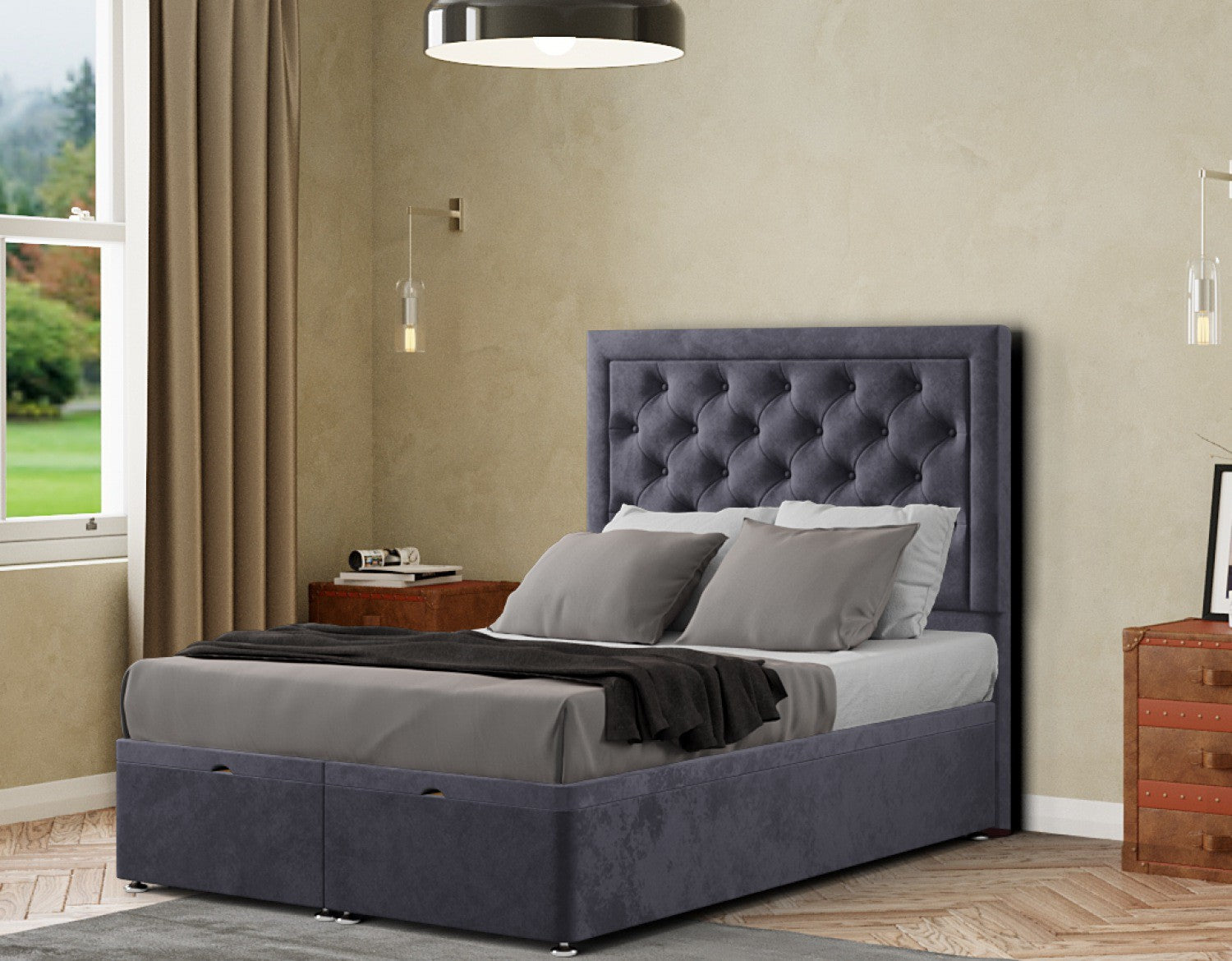 Castle Ottoman Bed Floor Standing Headboard Matching Buttons Plush