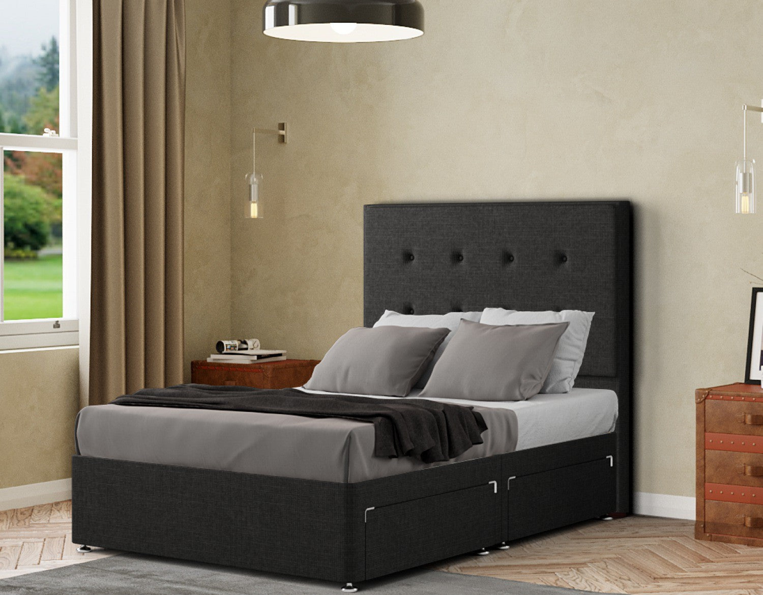 Darlington Divan Bed 2 Drawers Floor Standing Headboard Matching Buttons Linen