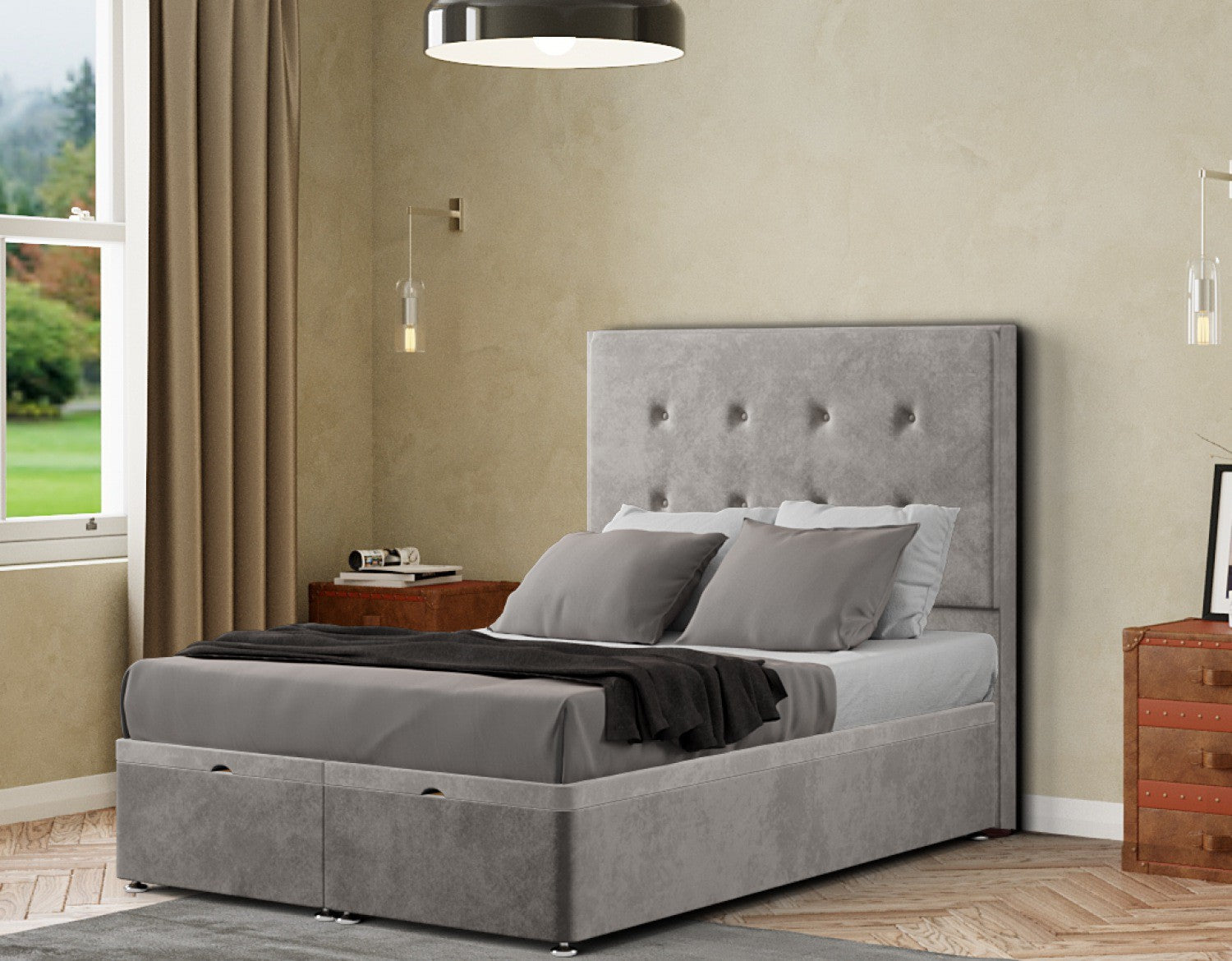 Darlington Ottoman Bed Floor Standing Headboard Matching Buttons Plush