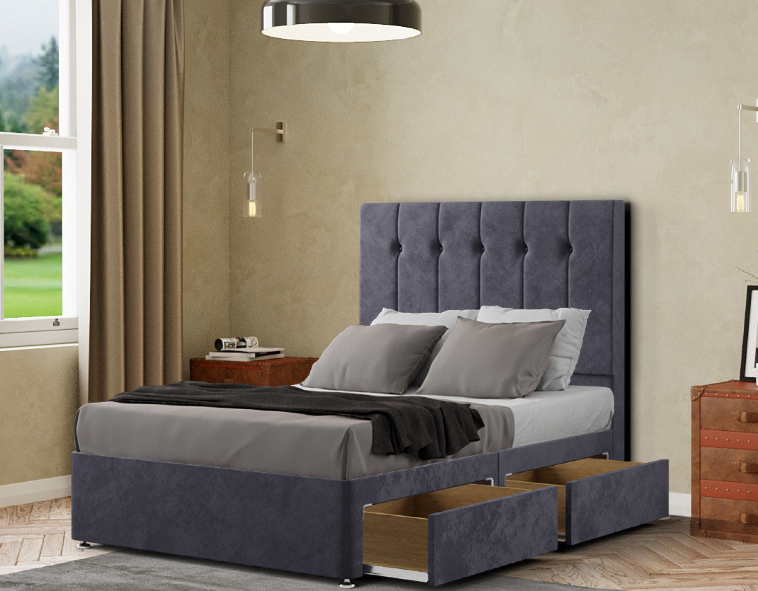 Highland Divan Bed 2 Drawers Floor Standing Headboard Matching Buttons Plush