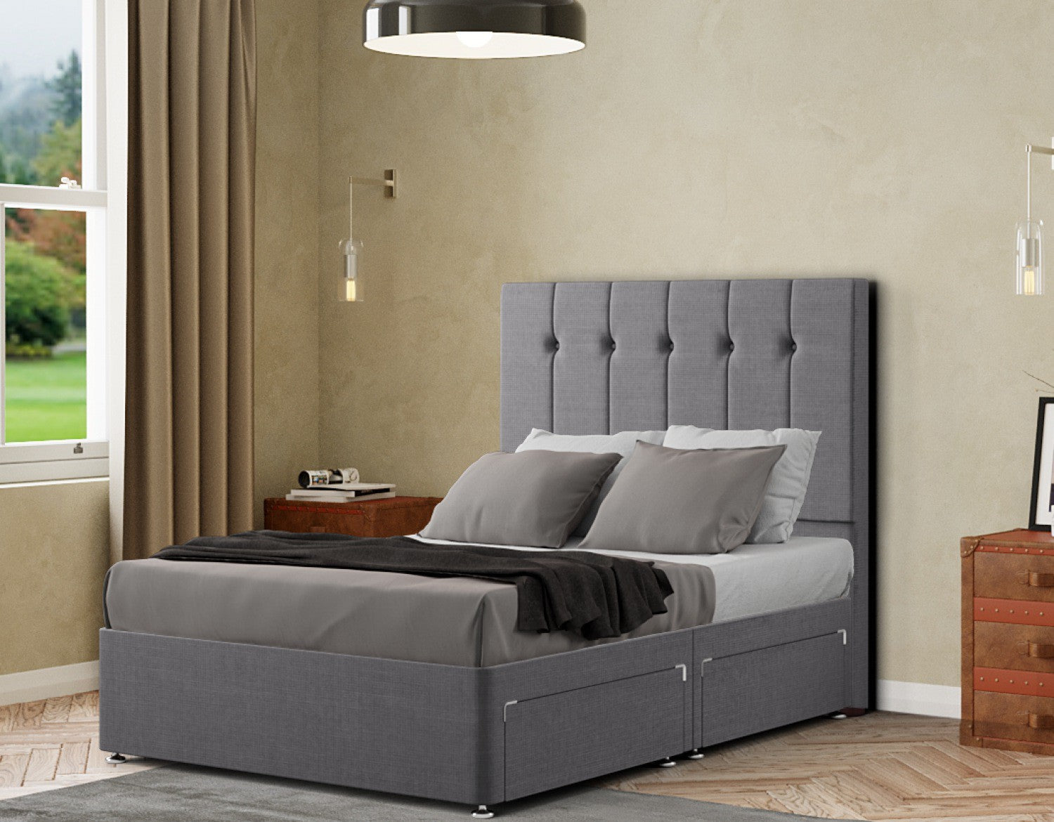 Highland Divan Bed 2 Drawers Floor Standing Headboard Matching Buttons Linen