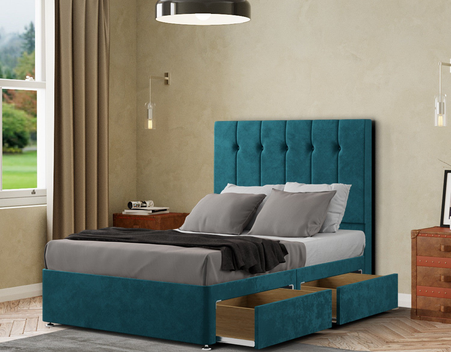 Highland Divan Bed 2 Drawers Floor Standing Headboard Matching Buttons Plush