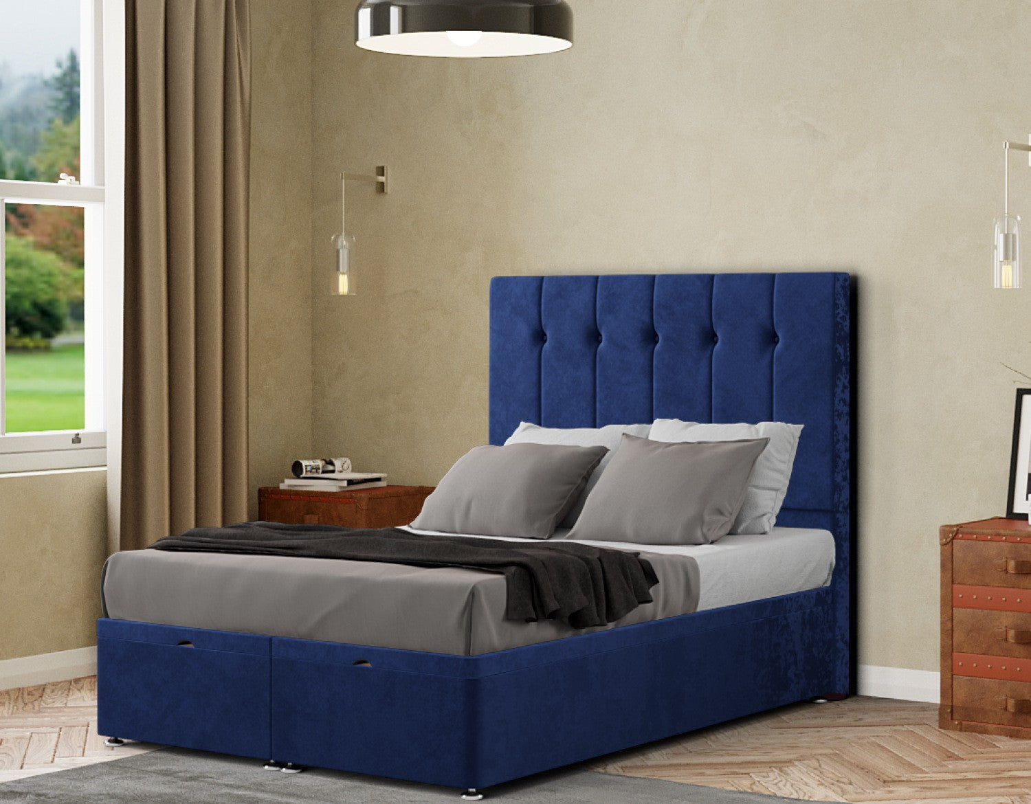 Highland Ottoman Bed Floor Standing Headboard Matching Buttons Plush