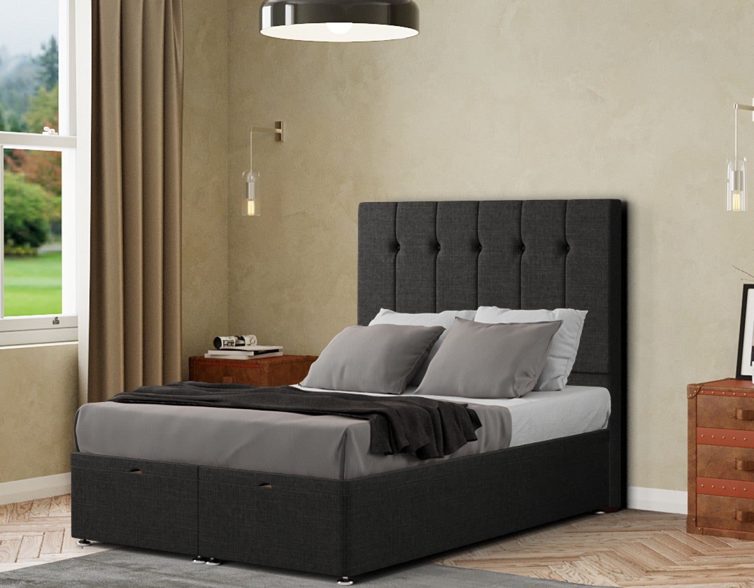 Highland Ottoman Bed Floor Standing Headboard Matching Buttons Linen
