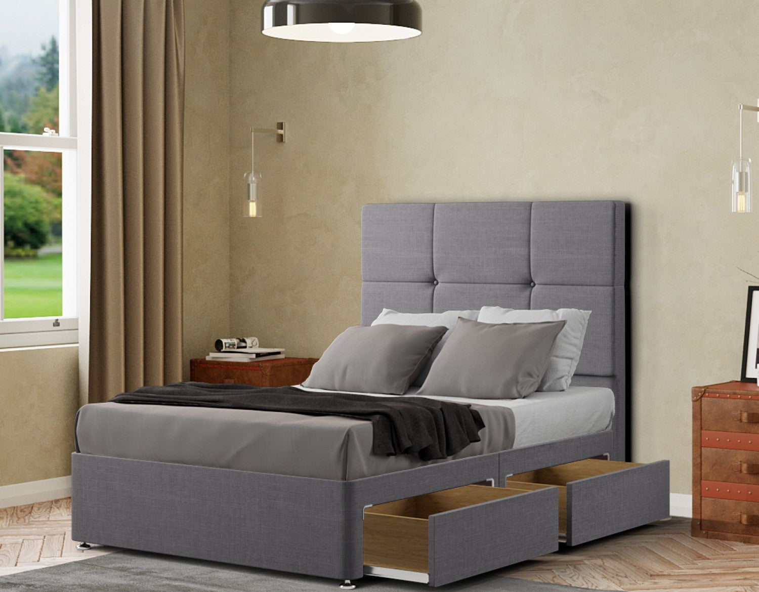 Jacob Divan Bed 2 Drawers Floor Standing Headboard Matching Buttons Linen
