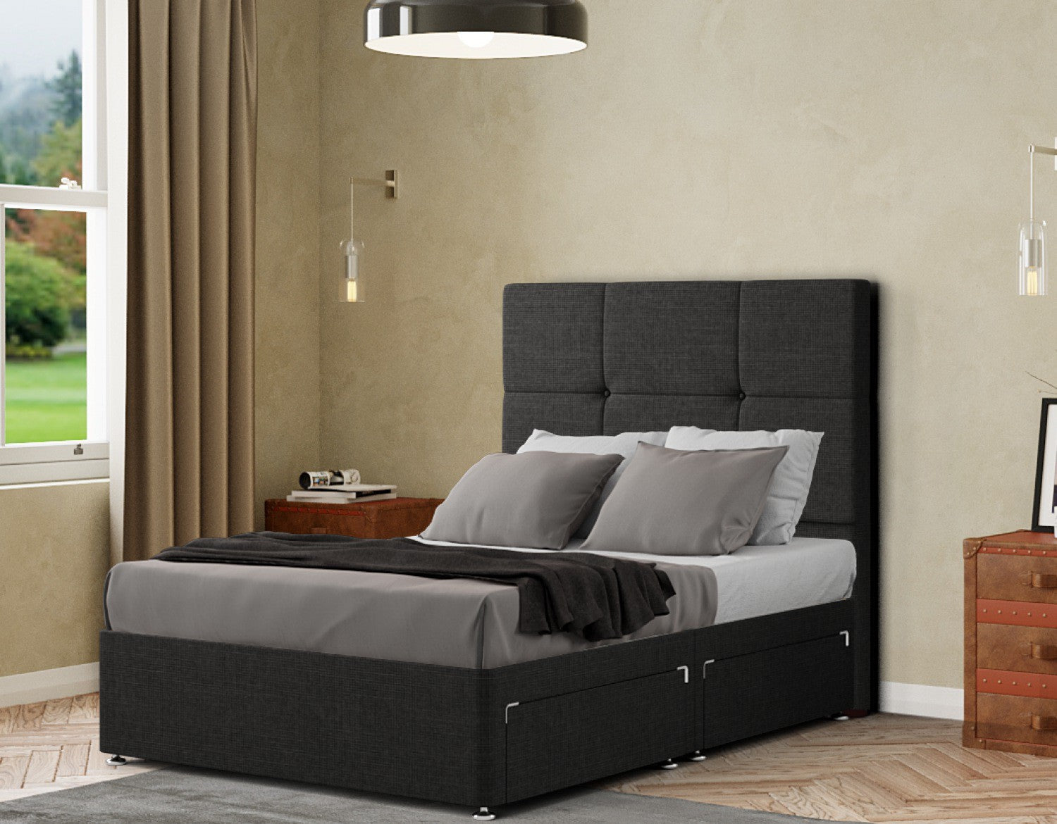 Jacob Divan Bed 2 Drawers Floor Standing Headboard Matching Buttons Linen