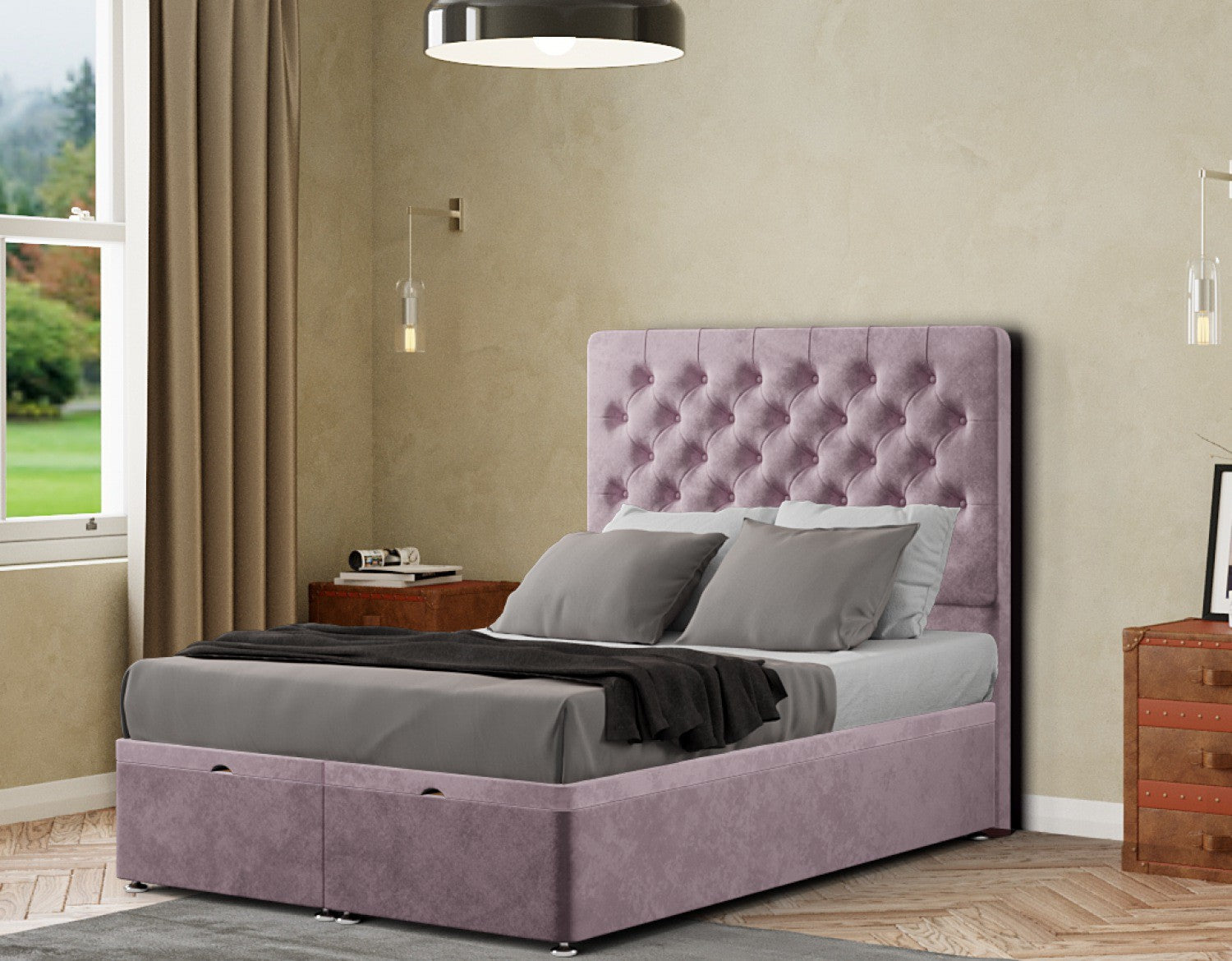 Winchester Ottoman Bed Floor Standing Headboard Matching Buttons Plush